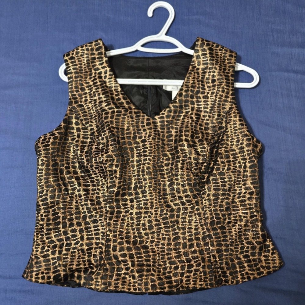 J.R.‎ Nites Blouse Womens 12 Gold Animal Print Metallic Lined Zip Party Top